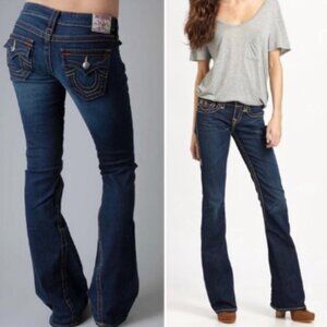 Sz 28 True Religion Joey Flare Jeans with Studded Pockets Low Rise Dark Rinse